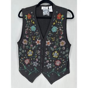 90s Vintage Vest Women Medium Black Floral Beaded Pastel Button Cottage Bohemian